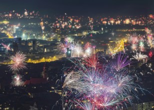 Stuttgart welcomes the new year 2026. Fireworks over the city center. Stuttgart, Baden-Württemberg,