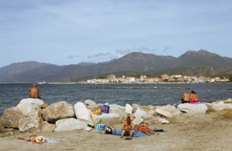 Beach or Plage de la Roya, in the back of Saint-Florent on the Gulf of Saint-Florent in the