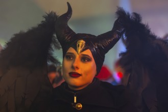 Teufelin, woman with horns and wings, Raunacht, winter, Waldburg Castle, Allgäu, Baden-Württemberg,