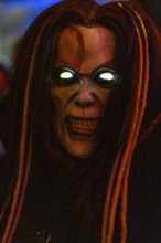 Krampus with glowing eyes, fog, murmurs, winter, Waldburg Castle, Allgäu, Baden-Württemberg,