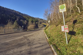 Bus stop Pfaffmühle, landscape photography, hills, hilly landscape, coniferous forest, trees,