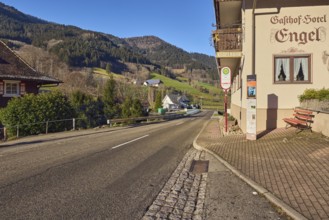 Simonswald Engel bus stop, Gasthof Hotel Engel, buildings, general architecture, landscape, hilly