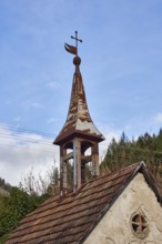 Ibicher old chapel, historic chapel, bell tower, weather vane, cross, hill, coniferous forest, blue
