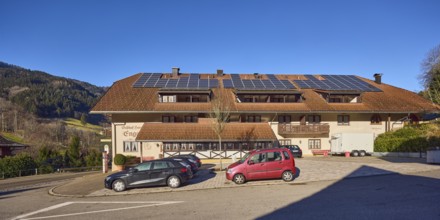 Gasthof Hotel Engel, Schwarzwaldhaus, house, building, parking lot with cars, street, hills, hilly