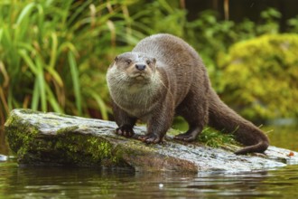 A wet otter stands attentively on a stone in the water, European otter (Lutra lutra), Germany