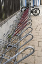 Several bike racks next to each other, bikes on bike racks, Bavaria, Germany