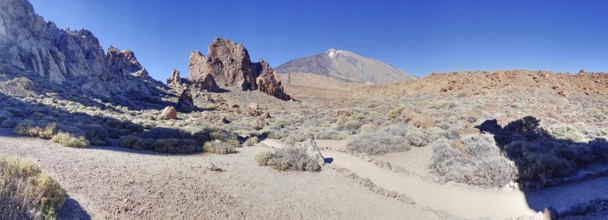 Barren rocky landscape with blue sky, dry vegetation and impressive Pico del Teide in the
