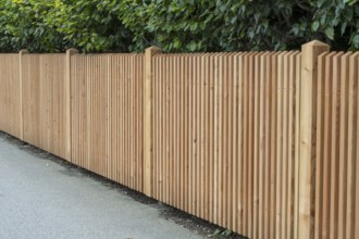 Wooden fence on the side of the road, vertical slats, town of Tegernsee, Upper Bavaria, Bavaria,