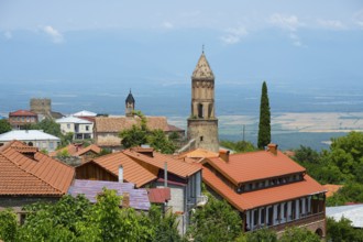 View of an urban landscape with a church tower and views to the horizon, Church of St. George,