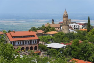 Scenic view of a town with church tower and hilly landscape, Church of St. George, Sighnaghi,