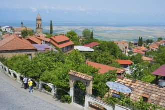 View of a paved street with lush vegetation and city view, St. George Church, Sighnaghi, Signagi,