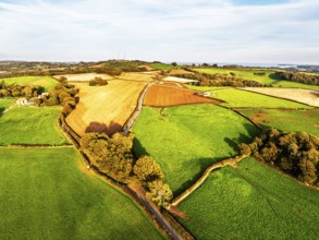 Colours of Devon Farms and Fields over Berry Pomeroy from a drone, Totnes, England, United Kingdom