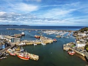 Brixham Hourbour and Brixham Marina from a drone, Brixham, Torbay, Devon, England, United Kingdom
