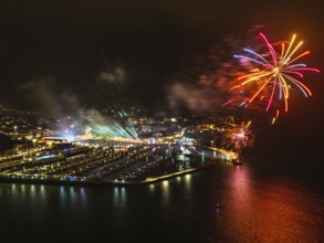 Bay of Lights Illumination Trail Fireworks over Torquay Horbour from a drone, Torbay, Devon,
