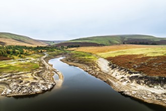 Autumn over Craig Goch Dam from a drone, Elan Valley Reservoirs, Elan Valley, Rhayader, Powys,