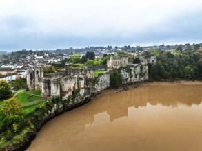 Autumn over Chepstow Castle and River Wye from a drone, Chepstow, Monmouthshire, Wales, UK