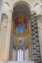 Interior view of a church with tall domes and magnificent frescoed icon paintings, Sameba