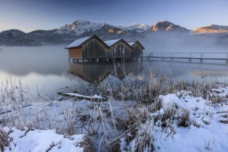 Huts, fishing huts, lake, reflection, snow, cold, fog, mountains, winter, morning light, ice,