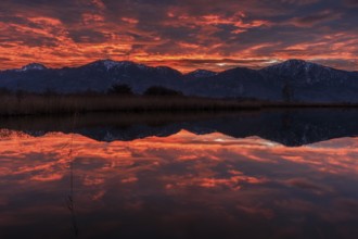 Lake, reflection, snow, cold, mountains, winter, morning light, morning mood, morning red, cloud