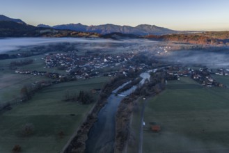 Village, houses, morning light, fog, mountains, autumn, sunny, aerial view, Großweil, foothills of