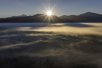 Sunrise, morning light, fog, mountains, autumn, back light, aerial view, view of, Benediktenwand,