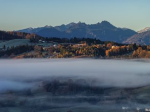 Mountain landscape, morning light, fog, mountains, autumn, sunny, aerial view, Glentleiten,