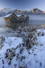 Huts, fishing huts, lake, reflection, snow, cold, fog, mountains, winter, morning light, ice,