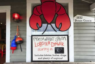 Entrance sign, restaurant, lobster specialty, fish market, decoration, Kennebunkport, Maine, New