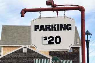 Replaceable parking fee sign, $20, Perkins Cove, Ogunquit, Maine, New England, USA