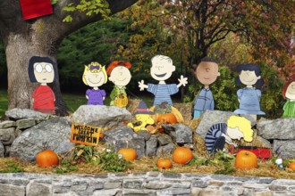Peanuts cut out wooden figures, comic book character Charlie Brown and his friends in the front