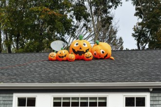 Inflated pumpkins on a house roof decoration for Halloween, Ogunquit, Maine, New England, USA