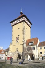 Historic Tübingen Gate built in 1330, city gate, city tower, pedestrian, Reutlingen, Swabian Jura,