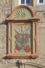 City coat of arms with date 1555, panel with decorations, detail, Spitalhof, market square,