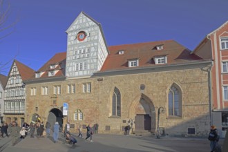 Hospital courtyard built 13th century with hospital church, pedestrian, market square, Reutlingen,