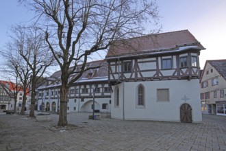 Holy Spirit Hospital built in 1424 and prehistory museum, half-timbered house, Blaubeuren, Swabian