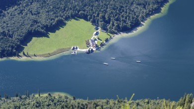 Deep view from Feuerpalfen of Lake Königssee with St. Bartholomä and some ships, Berchtesgaden