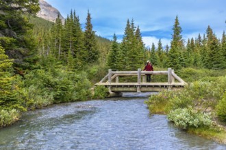 Female tourist is enjoying the breathtaking view from a wooden bridge over a clear stream,