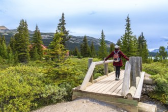 Tourist standing on a wooden bridge, admiring the breathtaking view of bow lake and surrounding