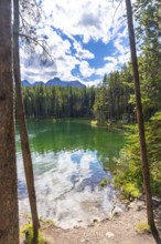 Emerald green waters of herbert lake reflecting a cloudy blue sky and surrounding pine forest with