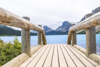 Wooden bridge leading to turquoise waters of bow lake, framed by the majestic canadian rockies in