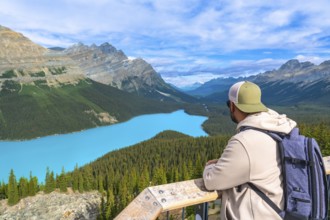 Tourist with backpack enjoying the breathtaking panoramic view of the turquoise peyto lake and