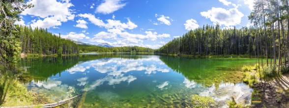Breathtaking panoramic view of pristine herbert lake reflecting a vibrant blue sky with fluffy