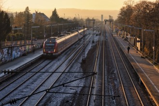 S-Bahn, public transport, train, stops at bus stop, train station, platform, summer rain, sunset,