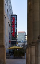 Advertising for Mediamarkt, behind L-Bank, Landesbank, Bolzstraße, Stuttgart, Baden-Württemberg,