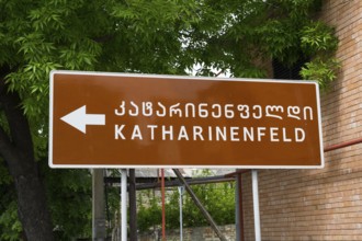 Brown signpost with the name Katharinenfeld, Bolnissi, Katharinenfeld, founded by Caucasian German