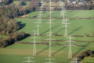 Power poles, electricity highway, Hamburg state border, Oststeinbek, Havighorst, aerial view,