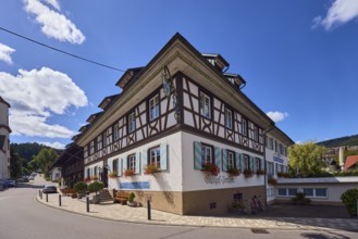 Landgasthaus Drei Schneeballen, inn, historic building, house, sidewalk, street, barrier bollard,