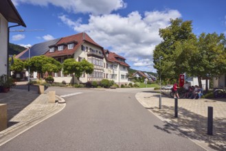 Gasthaus Lime tree, houses, general architecture, lantern, sidewalk, barrier bollard, hilly