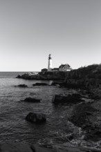 Rocky Coast Lighthouse, Portland Head lighthouse, monochrome, Cape Elizabeth, Portland, Maine, New