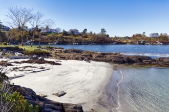 Coastline with sandy beach, private beach, Cedar Beach, Harpswell, Cumberland County, Casco Bay,